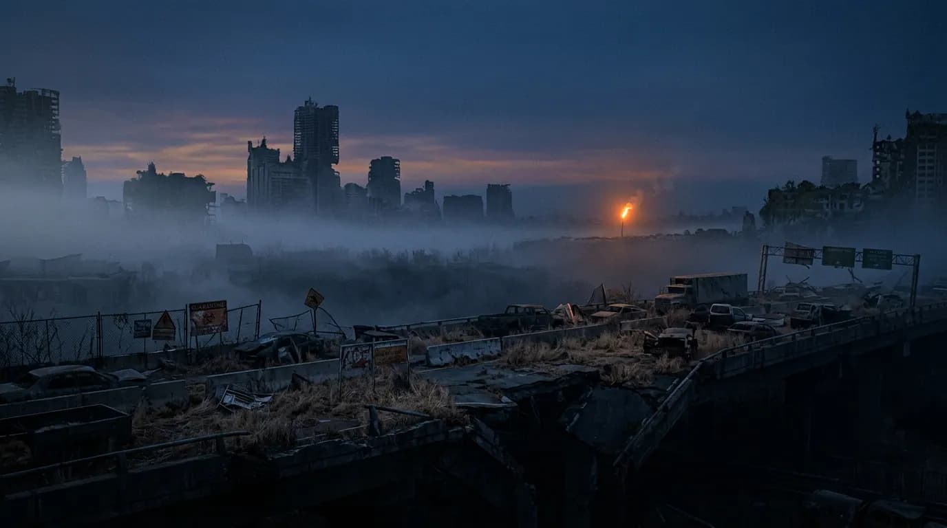A collapsed highway of abandoned cars above a fog-drowned city at dusk, one flare burning on the skyline